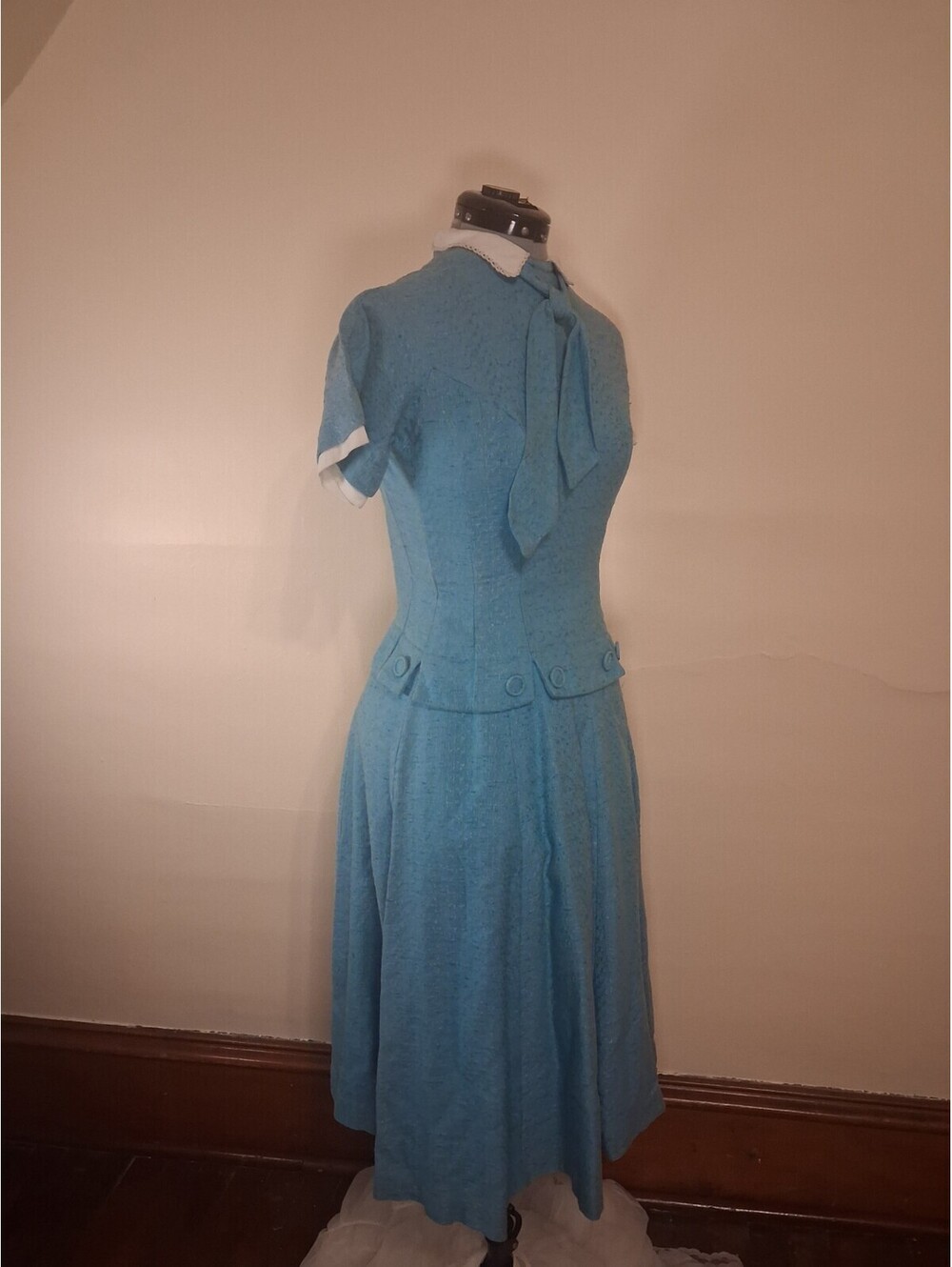1940s Vintage Dress, Woven Blue Handmade Dress With Tie Academic Secretary Sz S - Picture 2 of 9